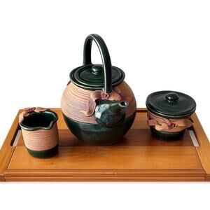 Vintage Signed Studio Pottery Tea Set Green Artisan Teapot Creamer
